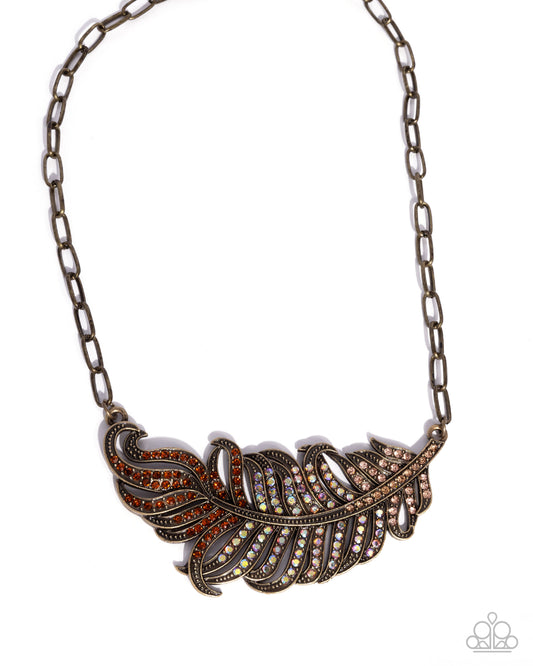 Paparazzi Fancy Feather - Brass Leaf, Light Peach, Topaz Iridescent Rhinestone Necklace