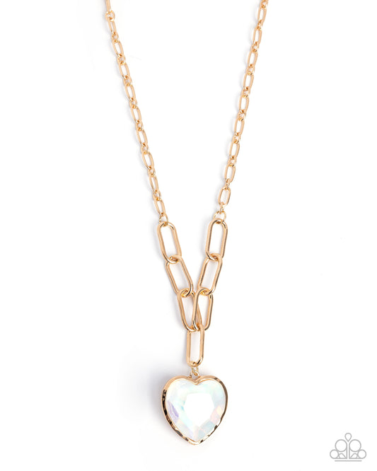 HAUTE Heart - White Iridescent Opalescent Gem Heart & Gold Paperclip Chain Necklace Paparazzi N3572