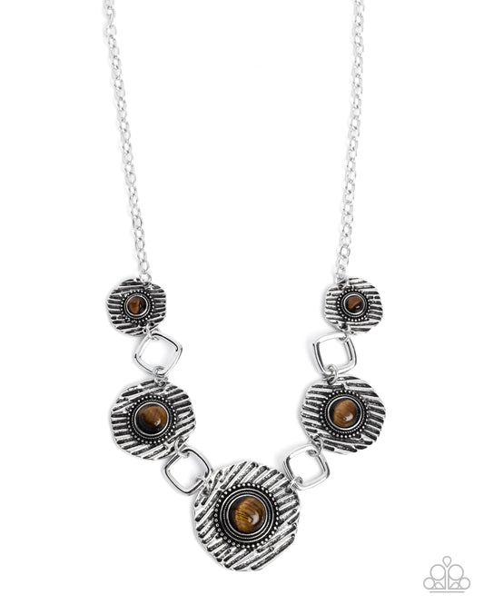 Skewed Squares - Brown Tiger's Eye Stone Silver Necklace Paparazzi N3562