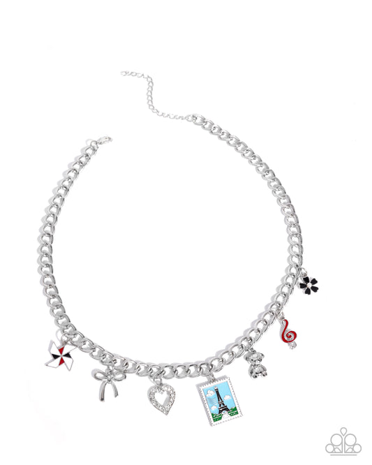 Parisian Pedestal - Red, Black, White Pinwheel, Bow, Heart, Eiffel Tower Stamp, Teddy Bear Charm Necklace Paparazzi N3524