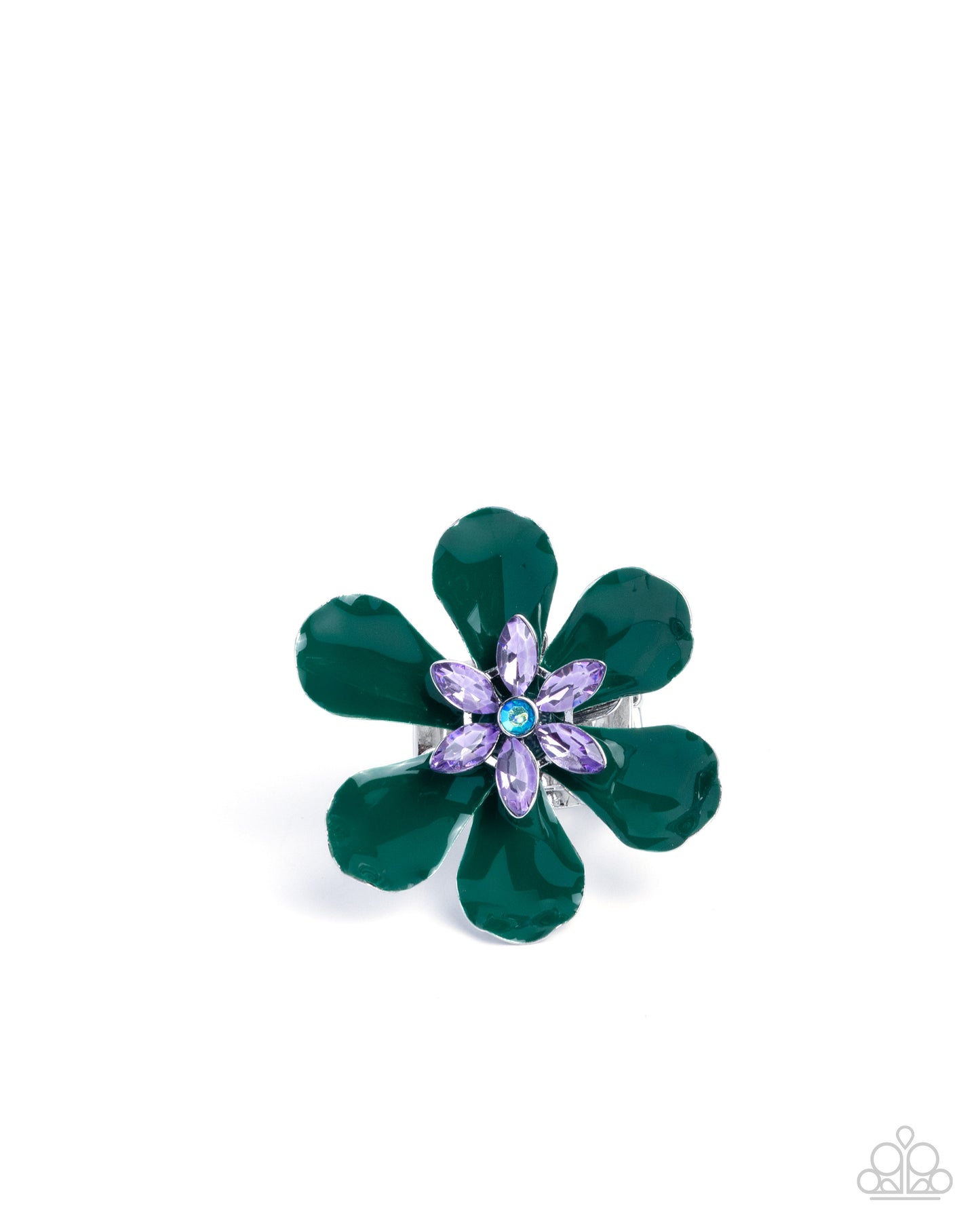 Paparazzi Blooming Boundary - Green Emerald Painted Flower & Blue Zircon Iridescent Rhinestone Ring R1224