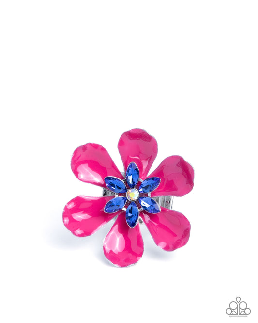 Paparazzi Blooming Boundary - Pink Peacock Painted Flower & Yellow, Blue Rhinestone Ring R1206