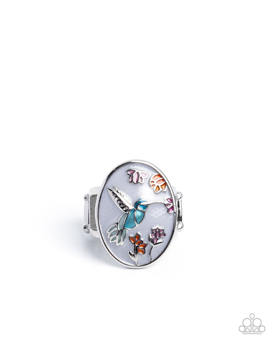 Hummingbird Hope - White Backdrop, Light Blue Hummingbird Floral Ring Paparazzi R1092