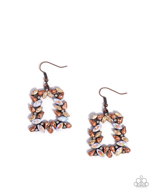 Fierce Frame - Copper White Rhinestone, Peach, Champagne & UV Shimmery Gem Earring Paparazzi E3139