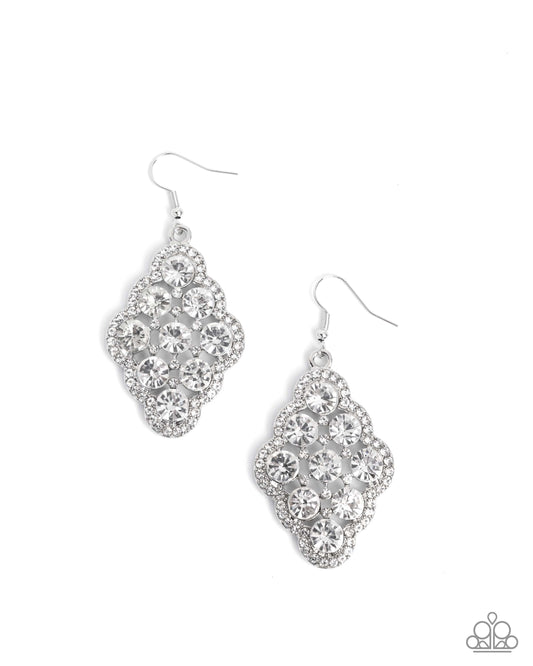 Scalloped Shimmer - White Rhinestone Silver Scalloped Style Earring Paparazzi E3125
