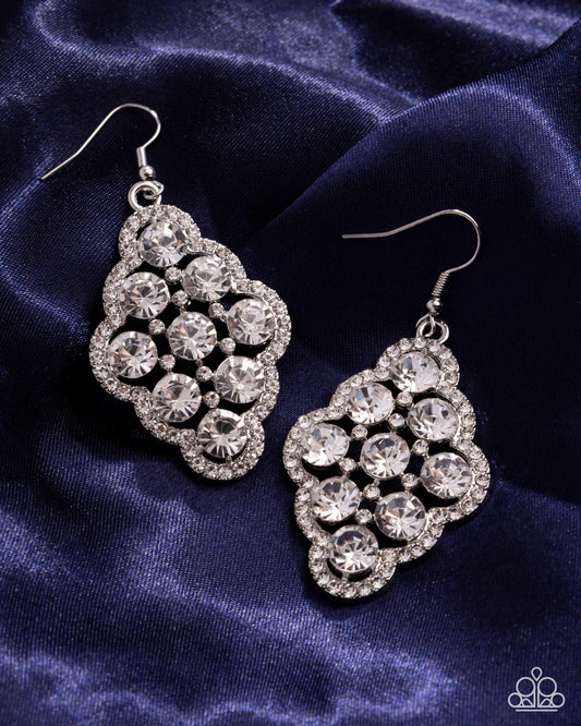 Scalloped Shimmer - White Rhinestone Silver Scalloped Style Earring Paparazzi E3125