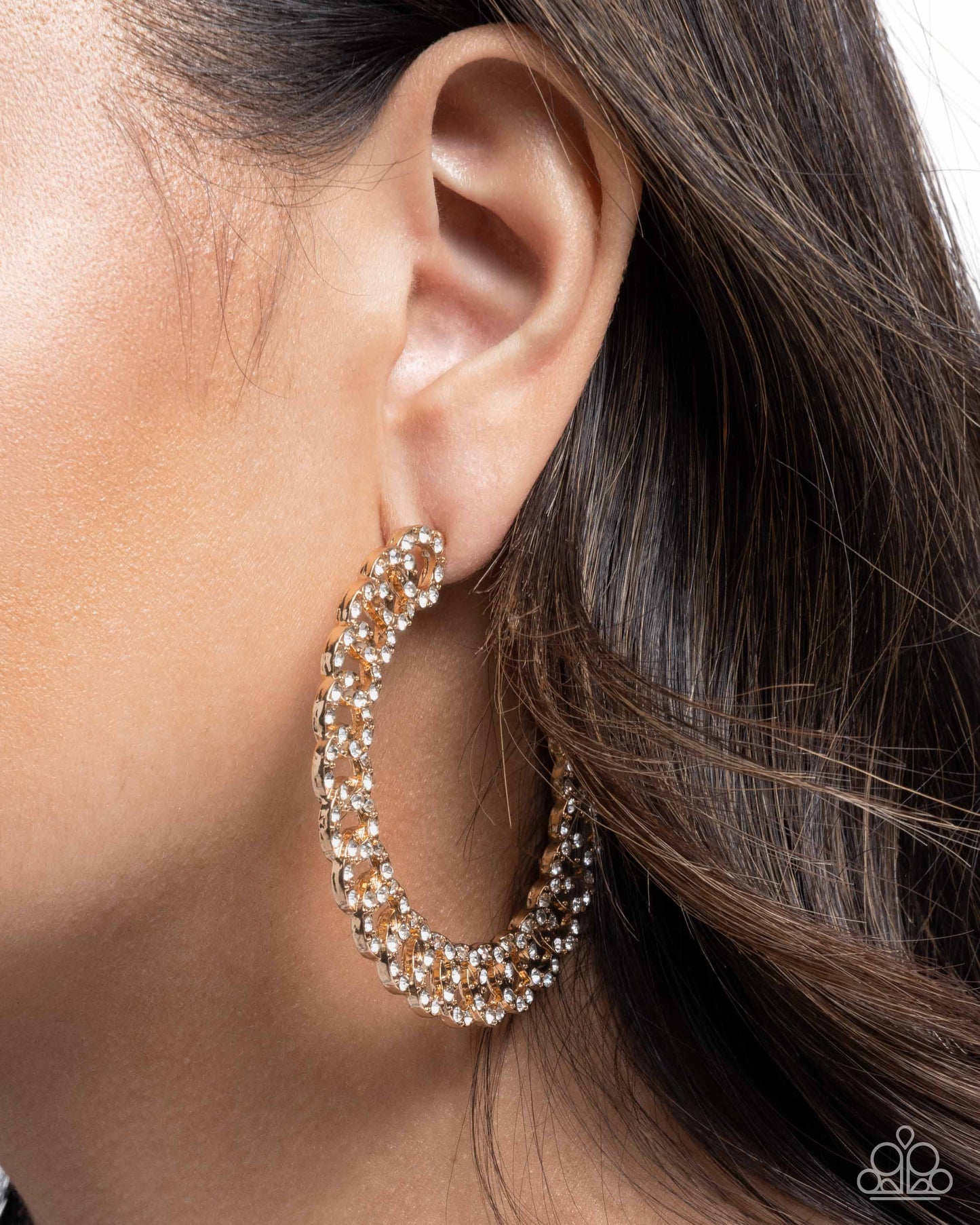 Interlocked Icing - Gold & White Rhinestone 2 1/2 Inch Hoop Earring Paparazzi