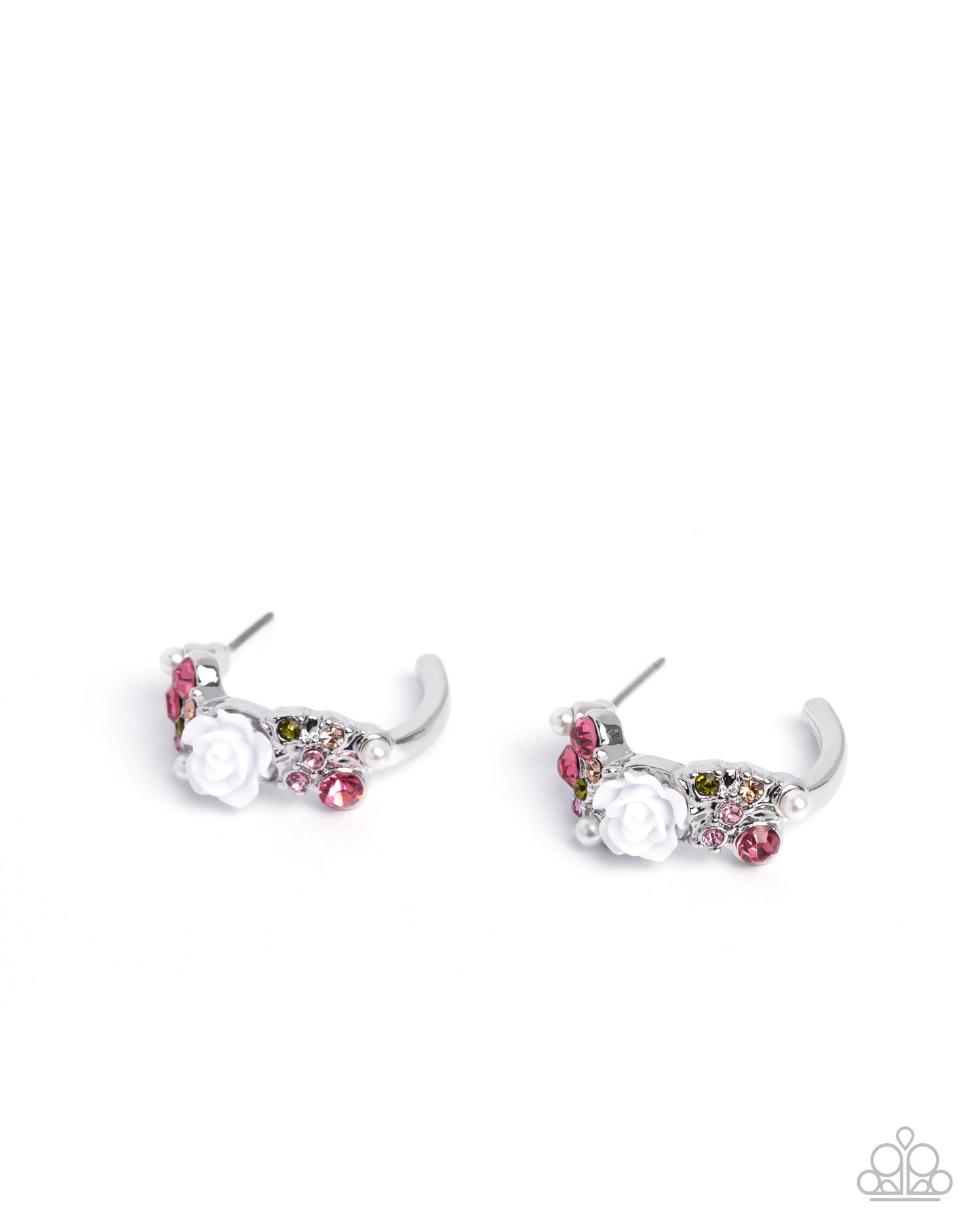 Borderline Bloom - Pink Rhinestone & White Resin Rose 1 Inch Hoop Earring Paparazzi E2747