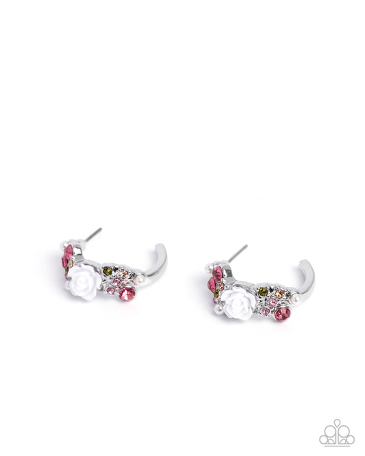 Borderline Bloom - Pink Rhinestone & White Resin Rose 1 Inch Hoop Earring Paparazzi E2747