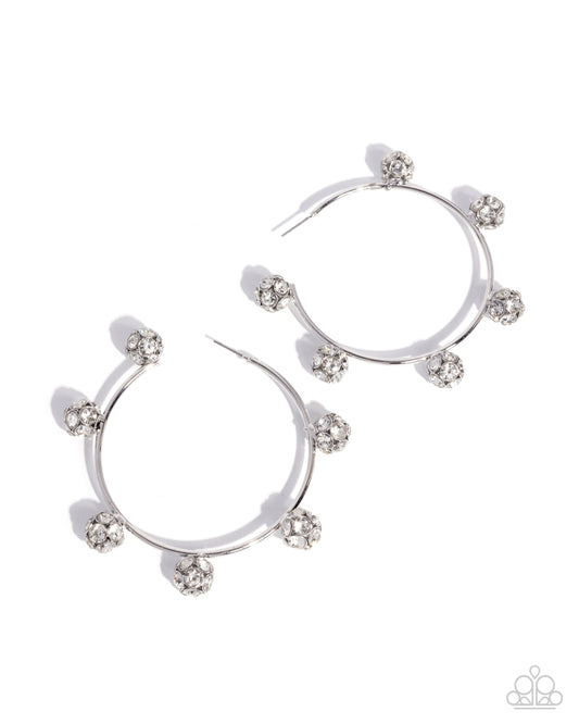 Paparazzi Ornamental Optimism - White Rhinestone Ornament Silver 3 Inch Hoop Earring E3244