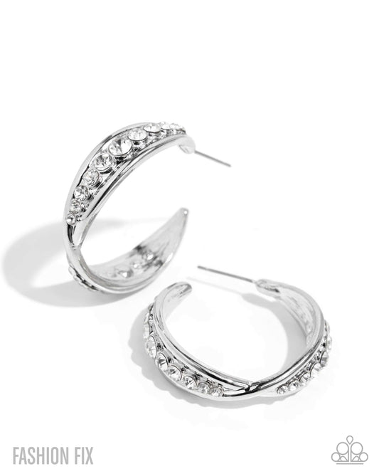 Sweeping Sonnet - White Rhinestone 1 1/4 Inch Hoop Earring Fiercely 5th Avenue Fashion Fix July 2025 Paparazzi E2986