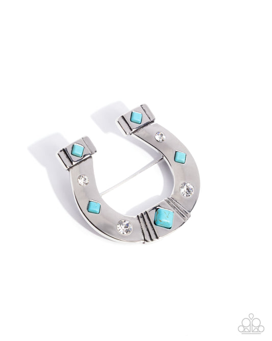 Horseshoe Horizon - Blue Turquoise Stone Silver Horseshoe Brooch Lapel Pin Paparazzi BR009
