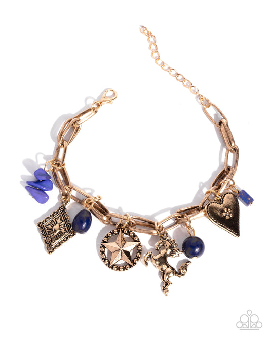 Western Wit - Multi Blue Stone, Gold Star, Heart, Horse Charm Santa Fe Style Bracelet B2355