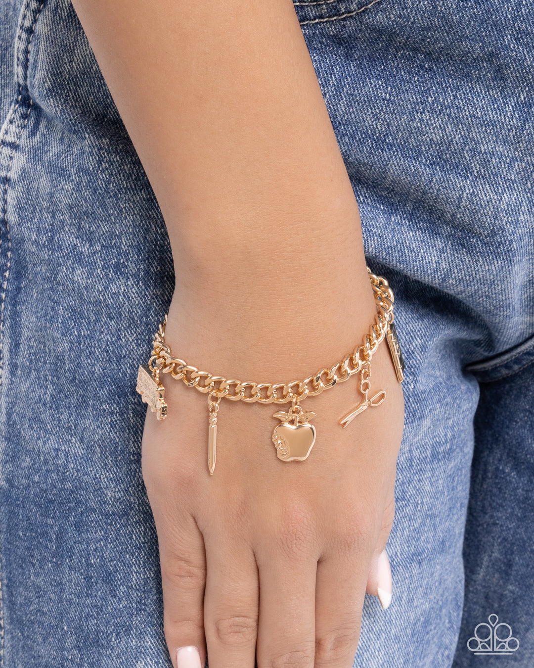 School is in Session - Gold School Bus, Pencil, Apple Charm Bracelet Paparazzi