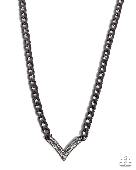 Paparazzi Confident Chevron - Black Gunmetal & White Rhinestone Chevron Necklace