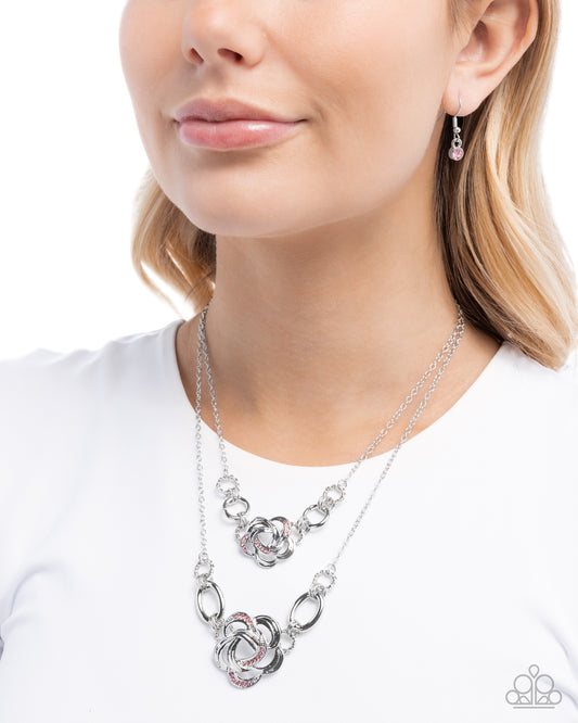 Remarkable Rose - Pink Rhinestone Flower Layered Silver Necklace Paparazzi N3625
