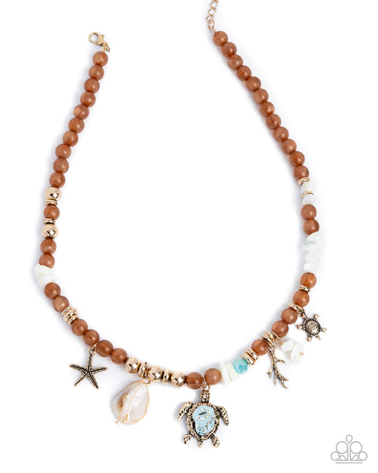 Operation Ocean - Brown Bran Bead Beach Charm Style Shell, Turtle, Coral, Starfish Necklace Paparazzi N3449