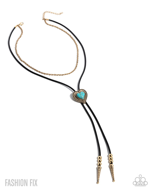 Courting Cowboy - Gold & Blue Heart Bolo Style Necklace Simply Santa Fe Fashion Fix July 2025 Paparazzi N3477