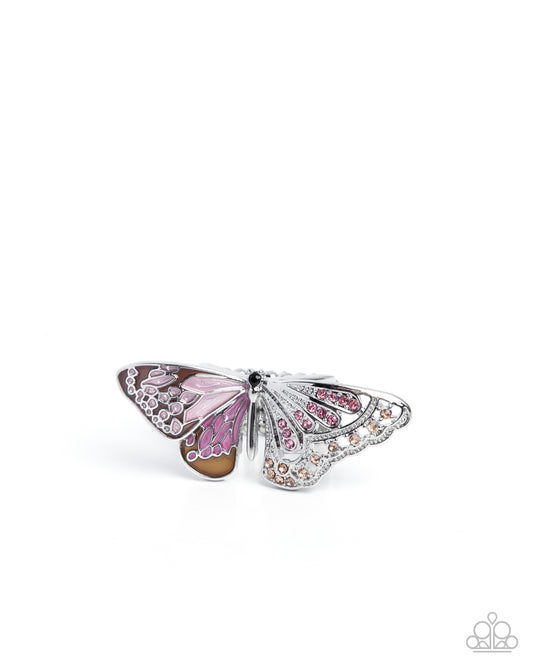 Carefree Canvas - Brown, Tan, Pink, Crocus & Ivory Painted & Rose, Peach Rhinestone Silver Butterfly Ring Paparazzi R1184