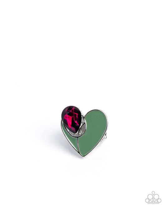 Heartfelt Hello - Green Asymmetrical Heart Fuchsia Gem Statement Ring Paparazzi R1127