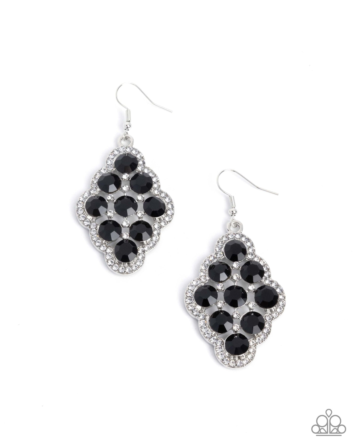 Paparazzi Scalloped Shimmer - Black Gem & White Rhinestone Silver Scalloped Earring