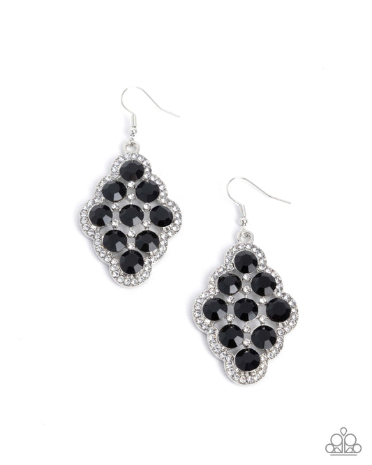Paparazzi Scalloped Shimmer - Black Gem & White Rhinestone Silver Scalloped Earring