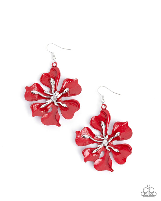Floral Faction - Red Glossy Painted Flower Earring Paparazzi E3031