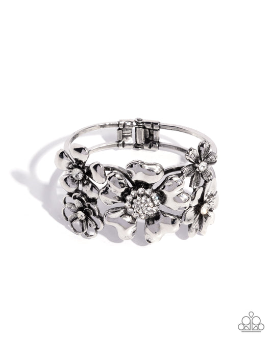 Paparazzi Bursting Bouquet - White Rhinestone Silver Flower Hinge Bracelet