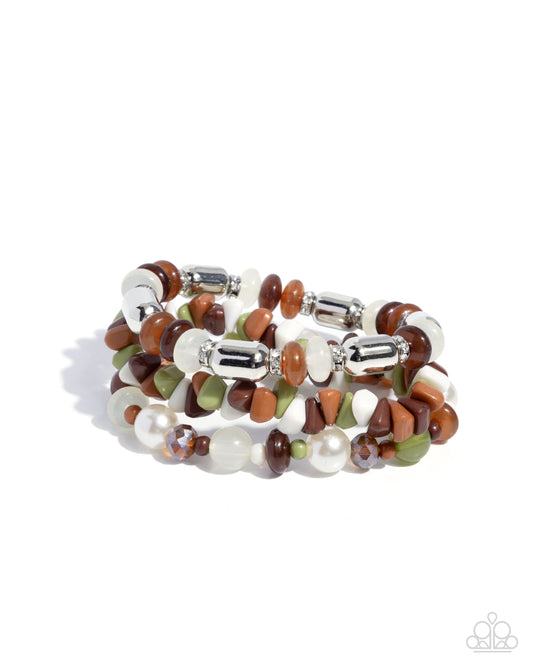 Paparazzi Stirring Stack - Brown Multicolored Fern, Ivory Bead Set Of Three Stretch Bracelet B2385