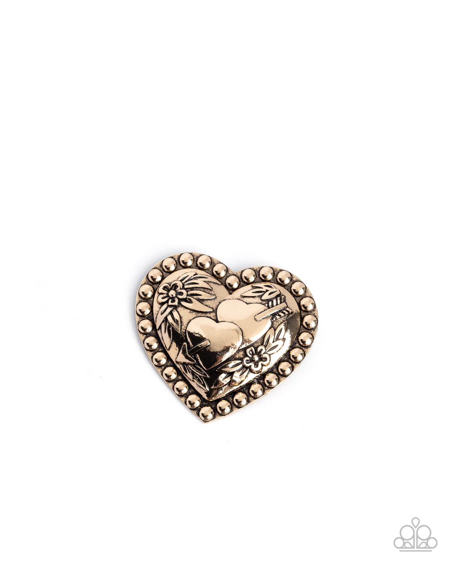 A Breath of Fresh Romance - Gold Antiqued Hearts & Flowers Brooch Paparazzi BR008