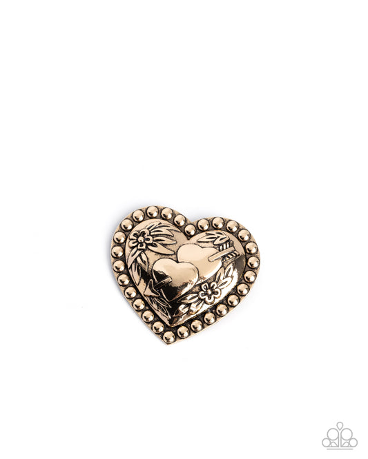 A Breath of Fresh Romance - Gold Antiqued Hearts & Flowers Brooch Paparazzi BR008