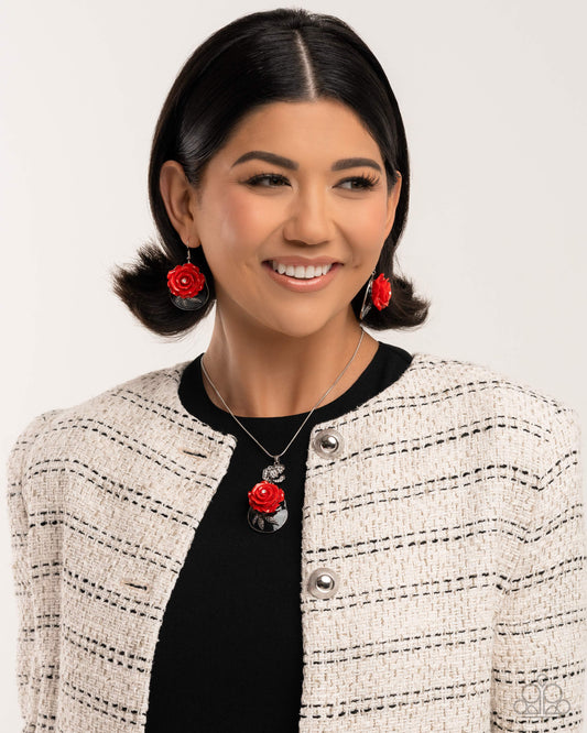 Rosy Reception - Complete Look Rosy Rendezvous Red Necklace & Rosy Rally Red Earring Paparazzi