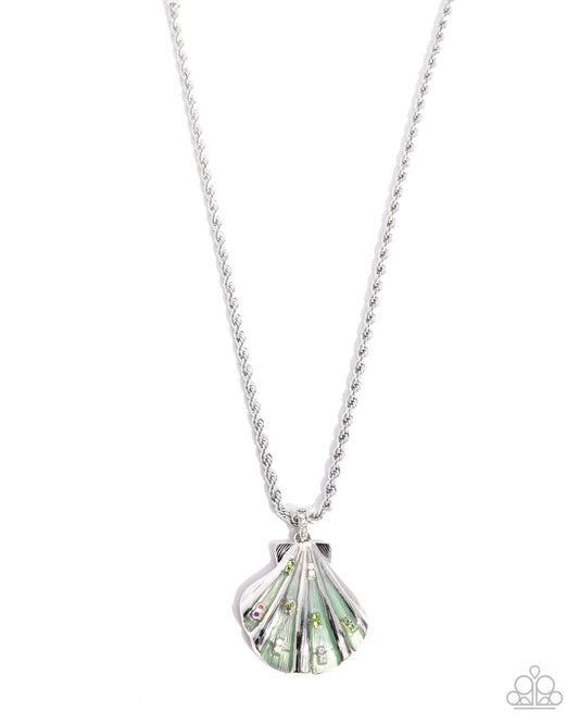Paparazzi Coastal Class - Green Iridescent Silver Seashell Necklace
