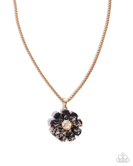 Creative Caliber - Black Marbled Stone Flower Gold Necklace Paparazzi N3558