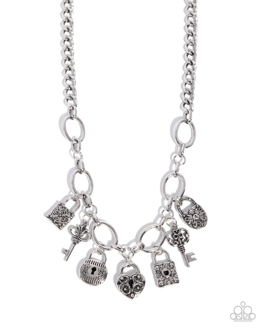 Padlock Pairing - Silver Padlock & Key Charm Style Necklace Paparazzi N3478