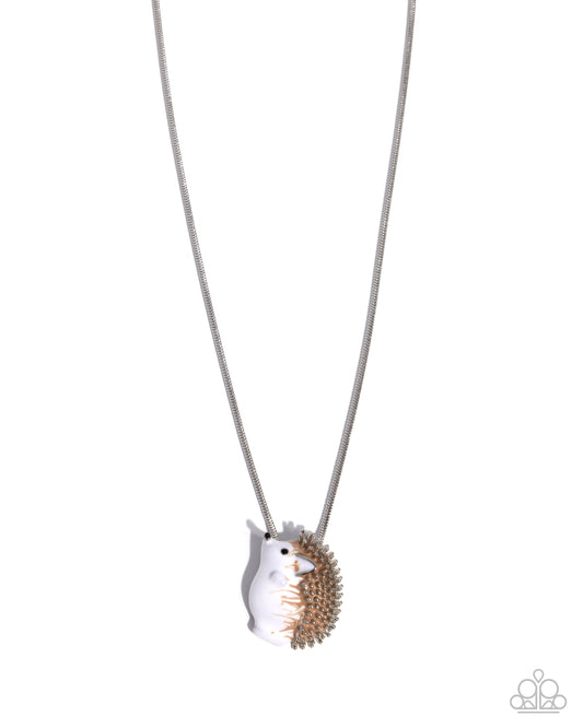 Porcupine Pizzazz - Brown Cocoon, White & Silver Pendant Animal Scandi Charm Style Necklace Paparazzi N3418