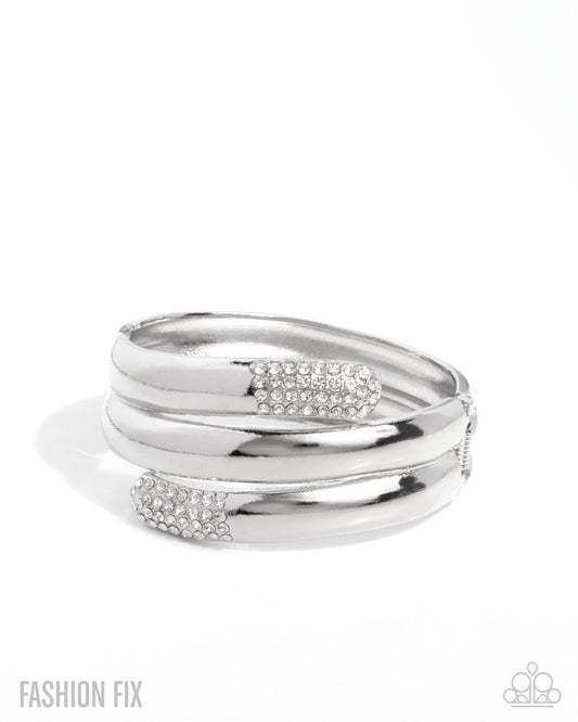 Smooth Similarity - White Rhinestone Hinged Bracelet Fiercely 5th Avenue Fashion Fix August 2025 Paparazzi B2402