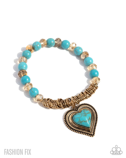 Horseshoe Heartthrob - Gold & Blue Turquoise Heart Stretch Bracelet Simply Santa Fe Fashion Fix July 2025 Paparazzi B2314