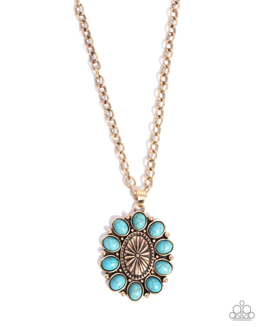 Santa Fe Score - Gold & Blue Turquoise Floral Pendant Necklace Paparazzi