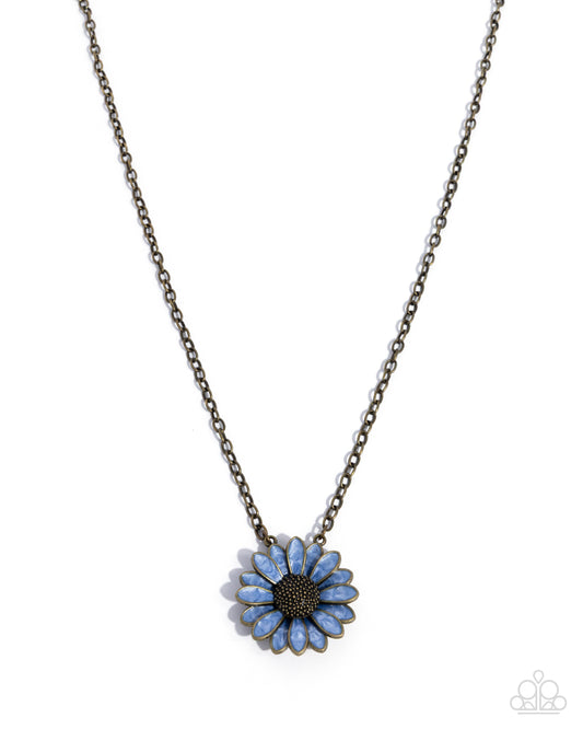 Parisian Posy - Brass & Light Blue Pearl Painted Daisy Flower Necklace Paparazzi N3632