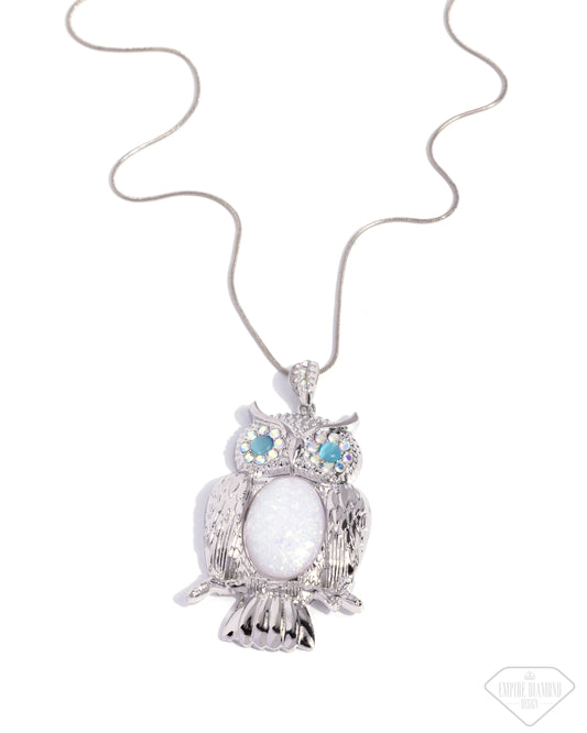 Nobly Nocturnal - Multi White Shimmy Iridescent Bead Silver Oversized Owl Pendant Necklace Empire Diamond Exclusive Life Of The Party Paparazzi N3513