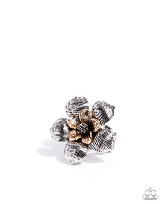 Linear Limit - Silver & Gold Oversized Metal Flower Ring Paparazzi R1157