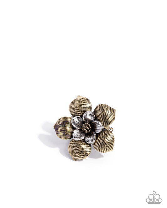 Linear Limit - Brass & Silver Flower Textured Ring Paparazzi R1182