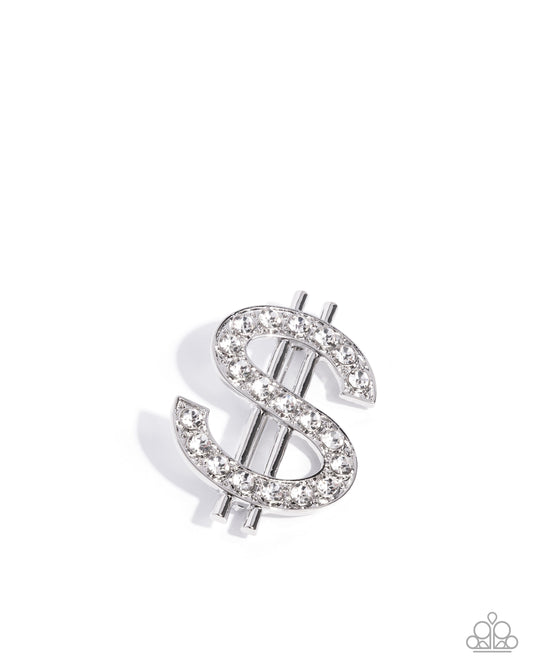 Raking in the Bling - White Rhinestone Silver Dollar Sign Brooch Lapel Pin Paparazzi BR005
