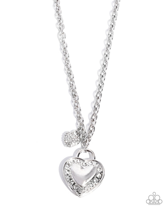 Paparazzi Unforgettable Union - White Rhinestone Silver Studded Heart Padlock Pendant Necklace