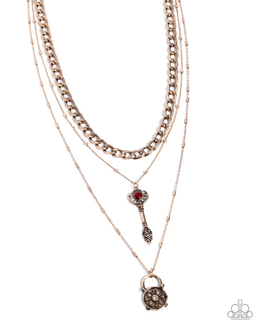 Keen Keys - Red Cat's Eye Stone Gold Layered Chain Necklace Paparazzi N3637