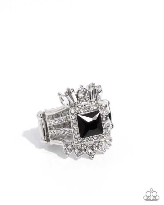 Stately Squares - Black & White Baguette Rhinestone Crown Style Ring Paparazzi R1191
