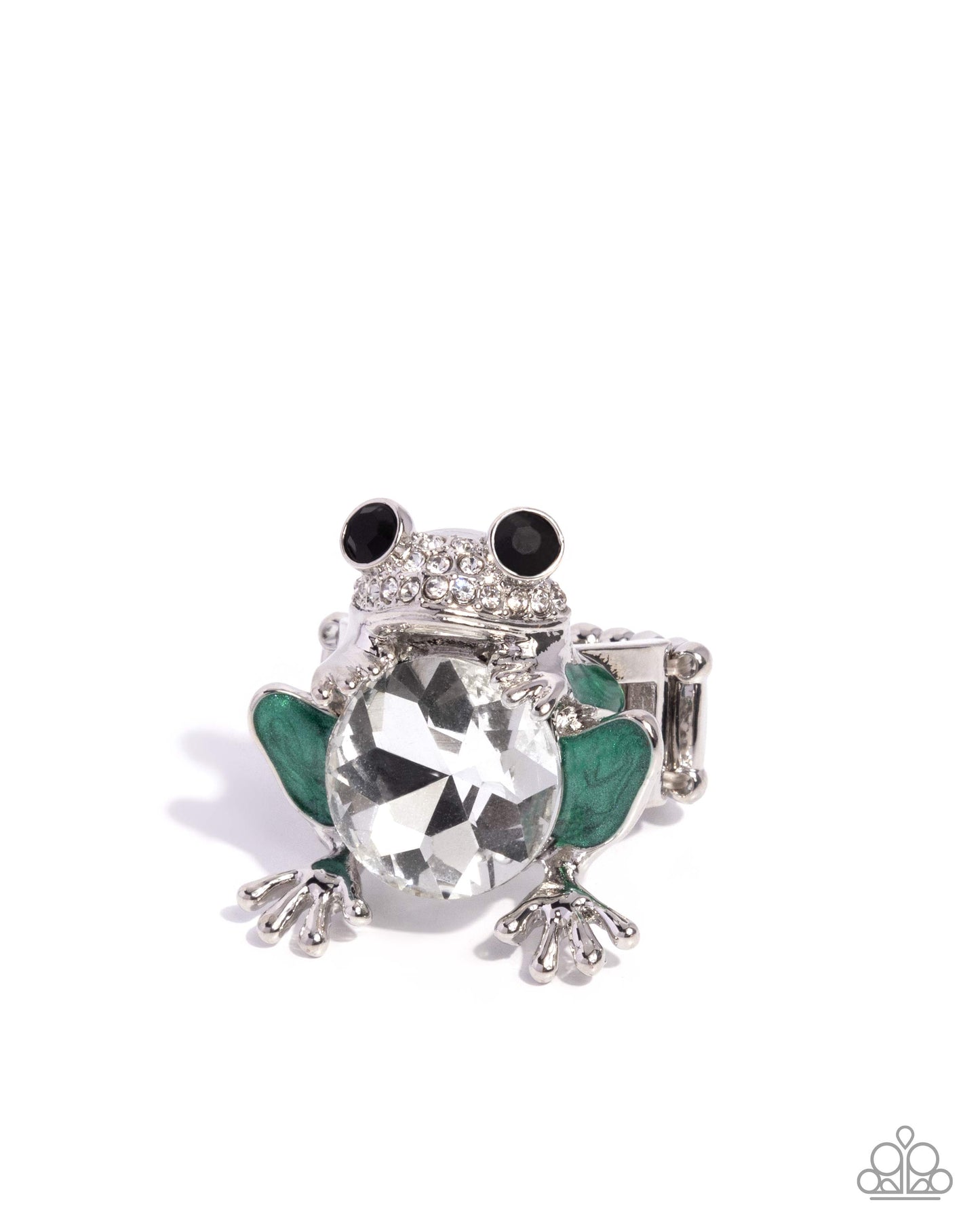 Frog Prince - Green Pearl Paint & White Rhinestone Silver Ring Paparazzi