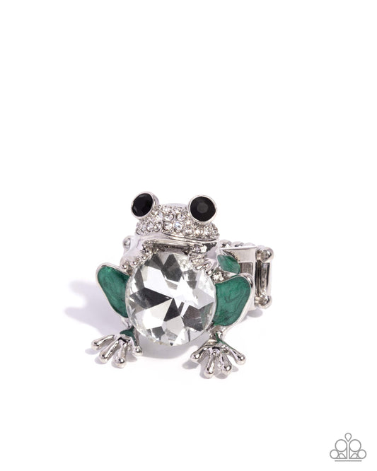 Paparazzi Frog Prince - Green Pearl Paint & White Rhinestone Silver Ring R1237