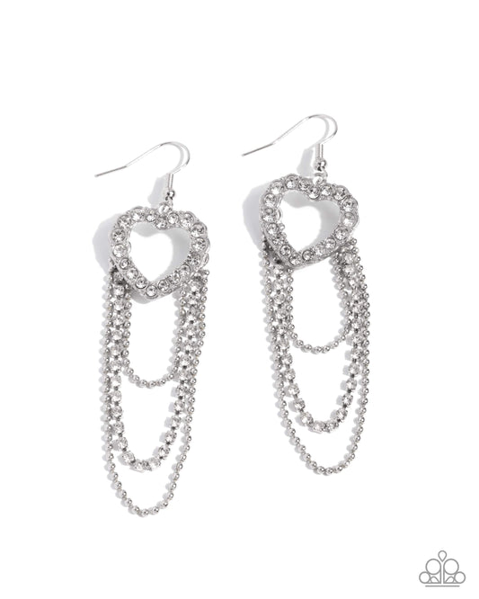 Haute Hangout - White Rhinestone Silver Heart Chandelier Earring Paparazzi E3101